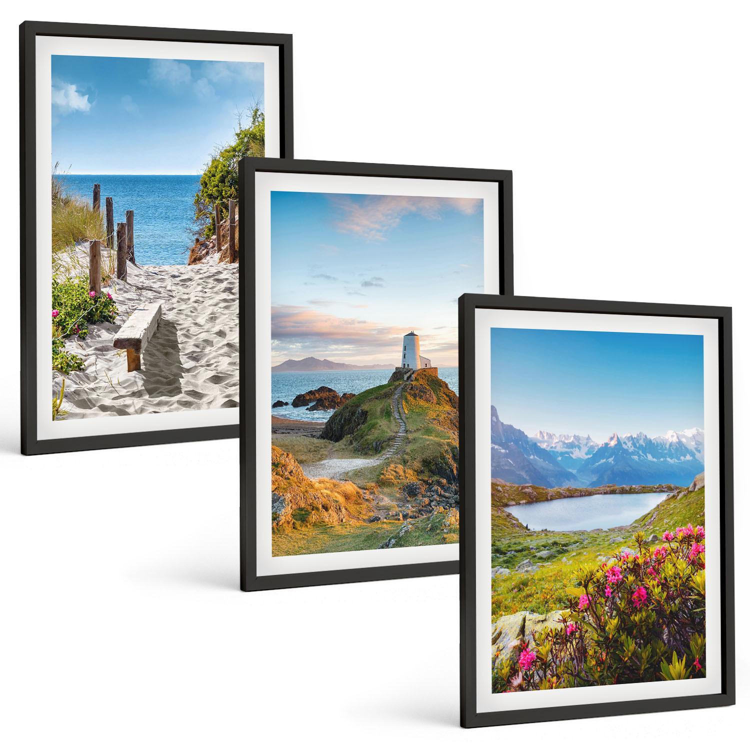 BILDER SET 3er Set - 40x60 cm Schwarzer Rahmen - Strand, Leuchtturm, Berge, Blumen - Schwarz, Kunststoff (40/60cm) - TULUP