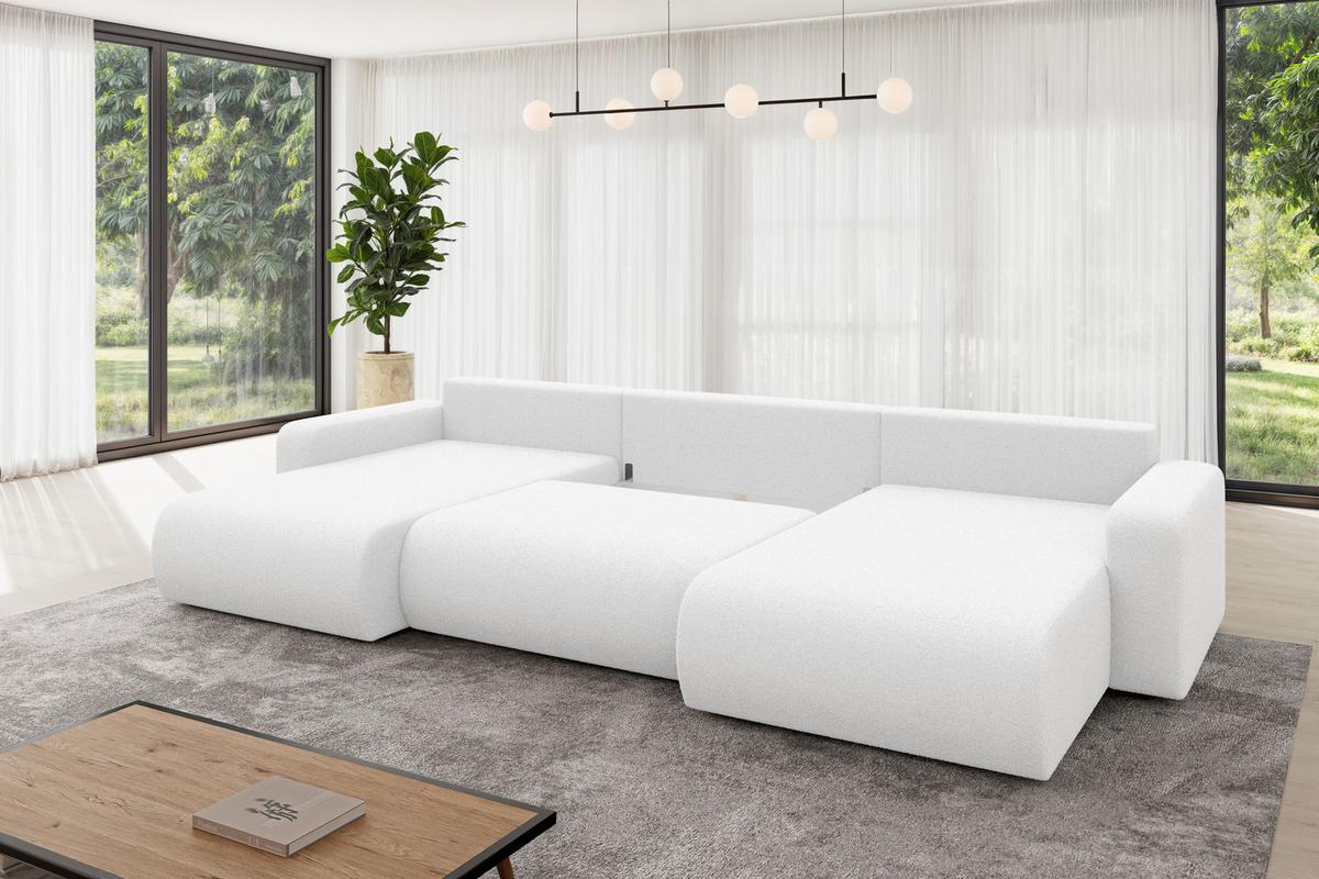 WOHNLANDSCHAFT mit Schlaffunktion und Bettkasten BERY-U 377x193x88 Weiß Bouclé - Schwarz/Weiß, Holzwerkstoff/Kunststoff (377/88/193cm) - ALTDECOR