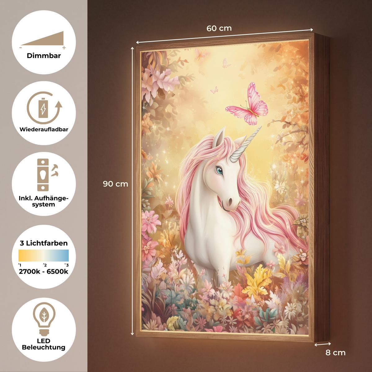 WANDLEUCHTE MIT AKKU Einhorn - Blumen - Schmetterling - Rosa 60x90 cm - Beige, Holzwerkstoff (60/90/8cm) - OnlyWow