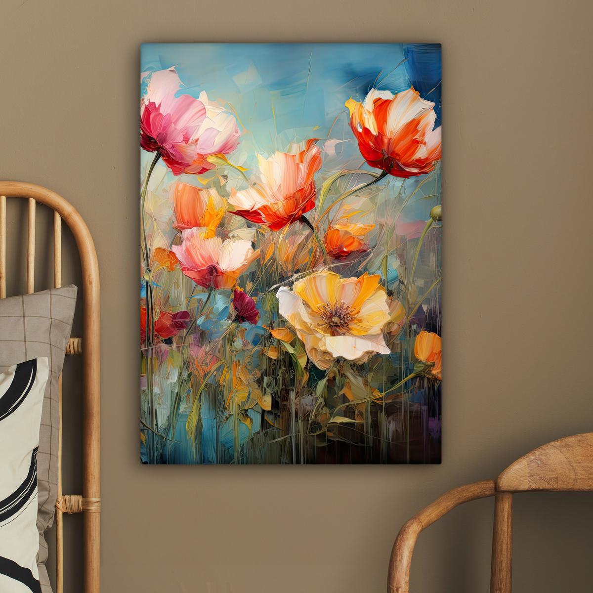 LEINWANDBILD Blumen - Aquarell - Kunst - Botanisch - Natur Wandbild Wohnzimmer 60x80 cm - Orange, Textil (60/80cm) - MuchoWow