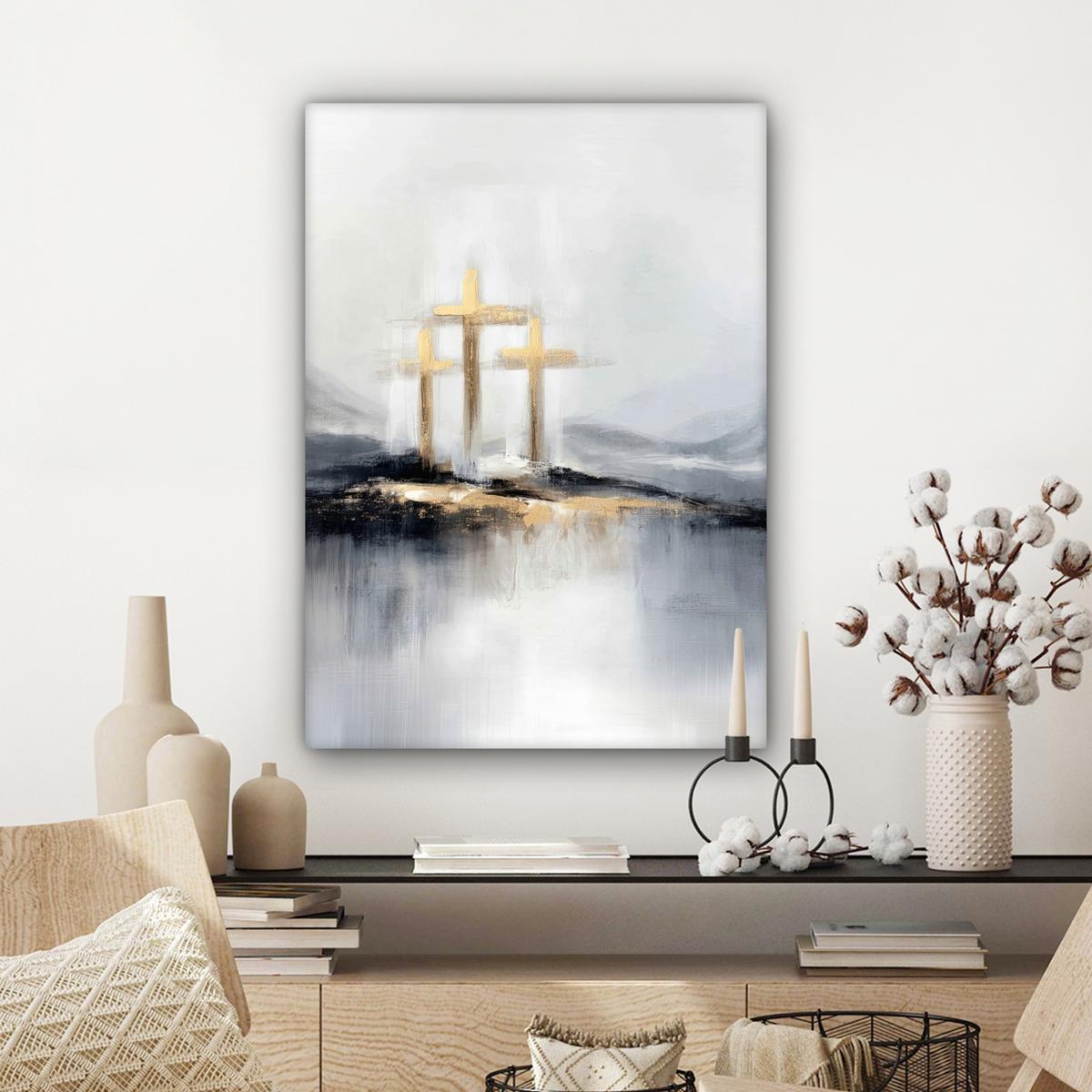 LEINWANDBILD Abstrakt - Malerei - Christentum - Kreuz Wandbild Wohnzimmer 60x80 cm - Weiß, Textil (60/80cm) - MuchoWow