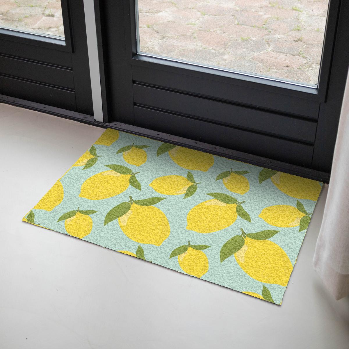 FUSSMATTE Muster Zitronen - Gelb - Blau - Muster - Früchte Flurteppich 90x60 cm - Gelb, Kunststoff (90/0.4cm) - MuchoWow