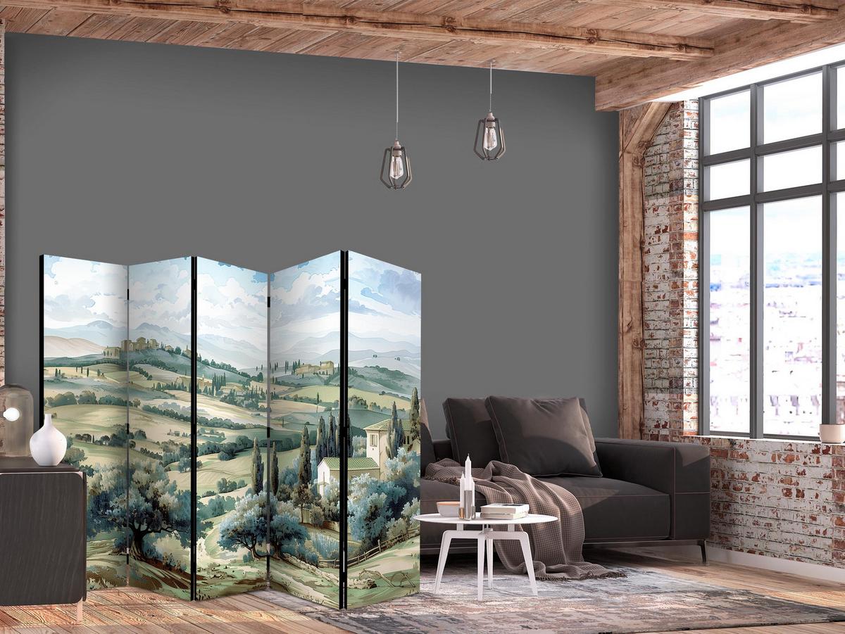 PARAVENT Beidseitig Bedruckter 5-tlg 225x172 cm Toskanische Landschaft - Grün, Holz/Textil (225/172/3cm) - Muralo