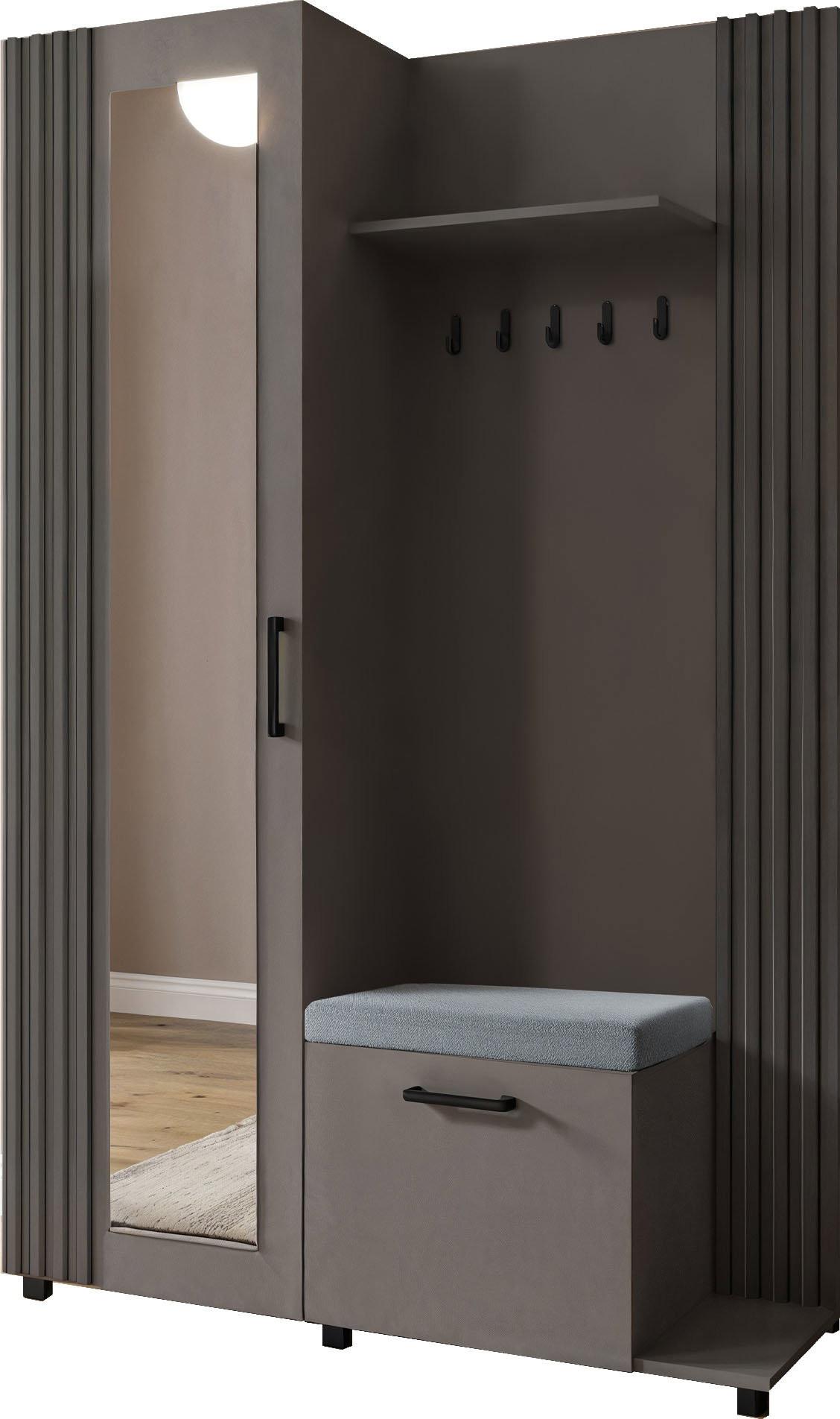 GARDEROBE Linaro mit Spiegel, Sitzbank in Lamellen-Optik 137/207/42 cm, Rechts - Dunkelgrau/Schwarz, Holzwerkstoff (137/207/42cm) - WFL GROUP