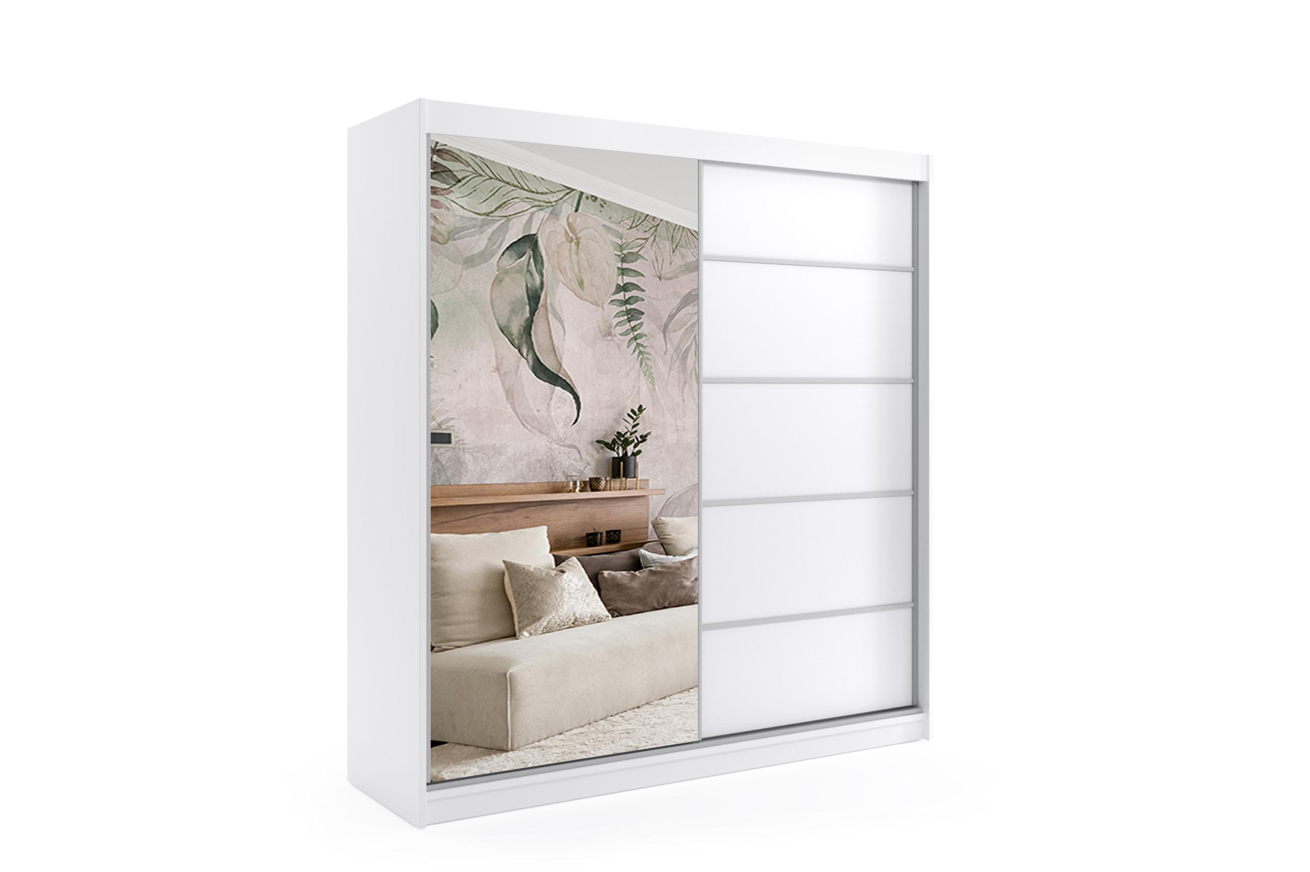 KLEIDERSCHRANK mit Spiegel-Schiebetüren und Aluminium-Leisten - MAKI - 200 cm Weiß - Weiß, Holzwerkstoff (200/216/61cm) - ALTDECOR