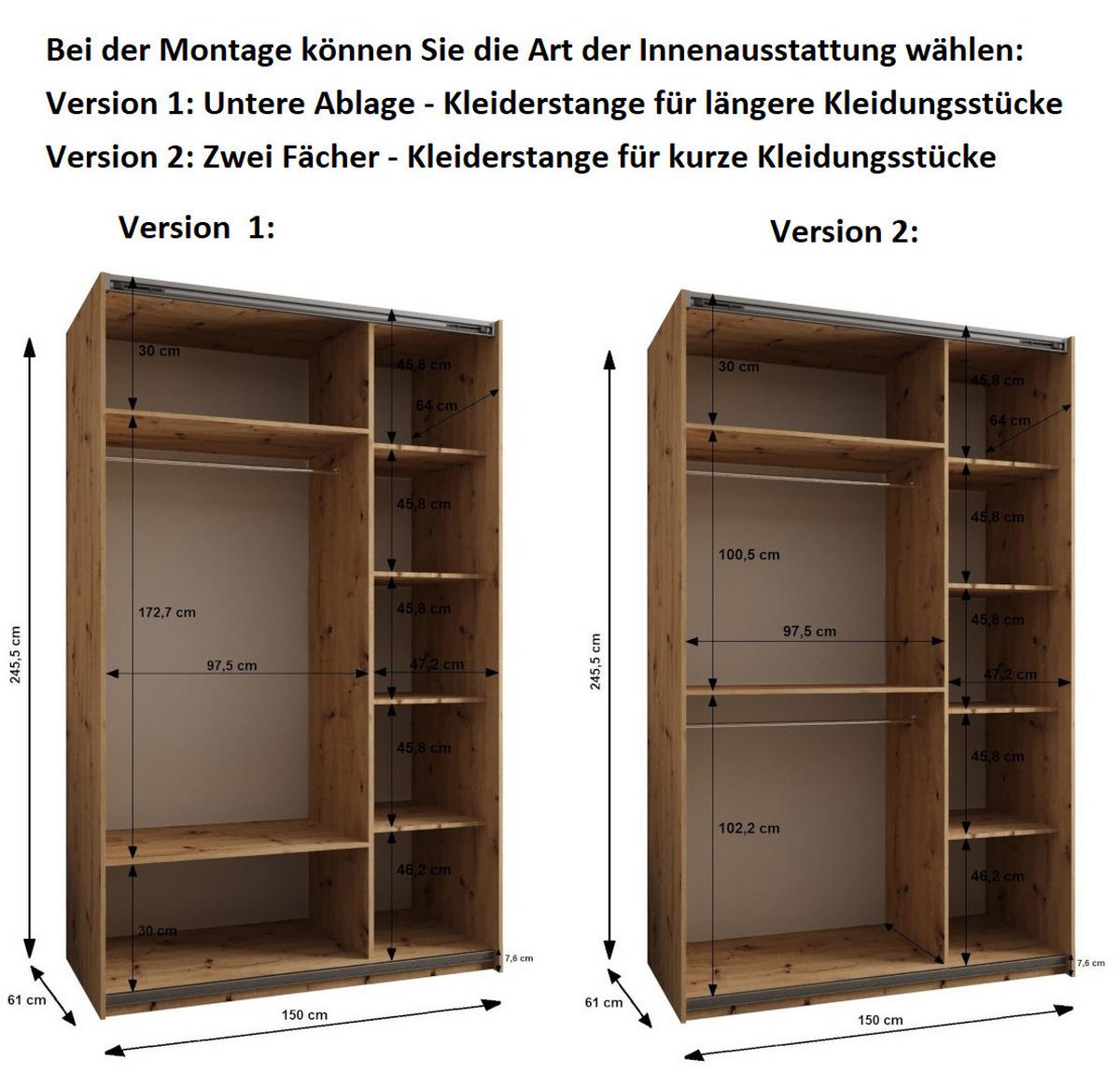 SCHWEBETÜRENSCHRANK 245,5/150/64 2-türig - Kaschmir/Schwarz, Holz/Metall (150/245/64cm) - Abiks Möbel