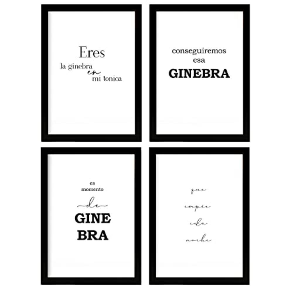 POSTER Set mit 4 Gin TypografieStil A3 Schwarzer Rahmen - Schwarz, Papier (29.7/3cm) - Nacnic