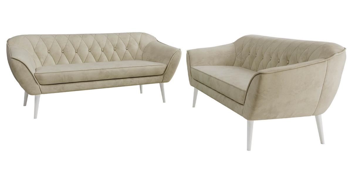 SITZGARNITUR PIRS 3+3 - Beige Velvet - Weiße Beine - Beige/Weiß, Holzwerkstoff/Textil (180/75/74cm) - MKS