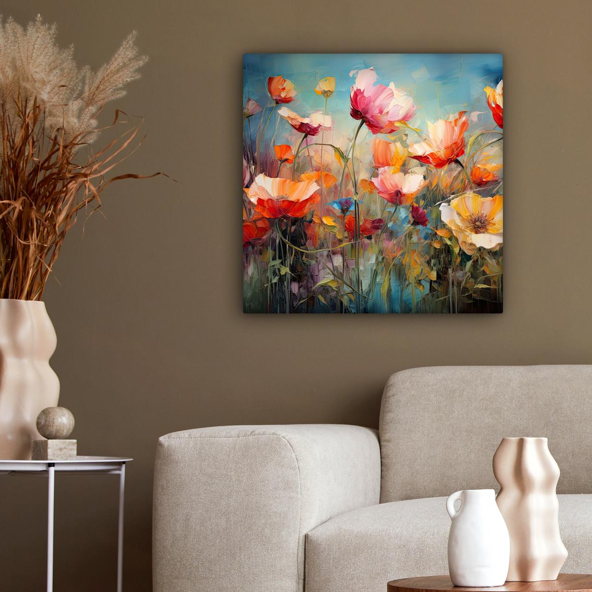 LEINWANDBILD Blumen - Aquarell - Kunst - Botanisch - Natur Wandbild Wohnzimmer 50x50 cm - Orange, Textil (50/50cm) - MuchoWow
