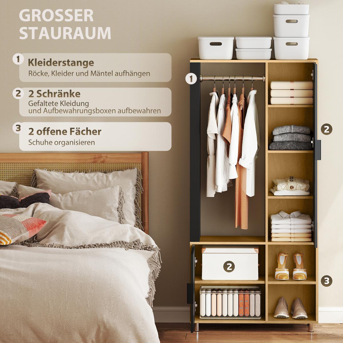 GARDEROBENSCHRANK mit Spiegel, Kleiderstange & Schuhschrank - Schwarz/Naturfarben, Holzwerkstoff/Kunststoff (30/175/80cm) - HOMCOM