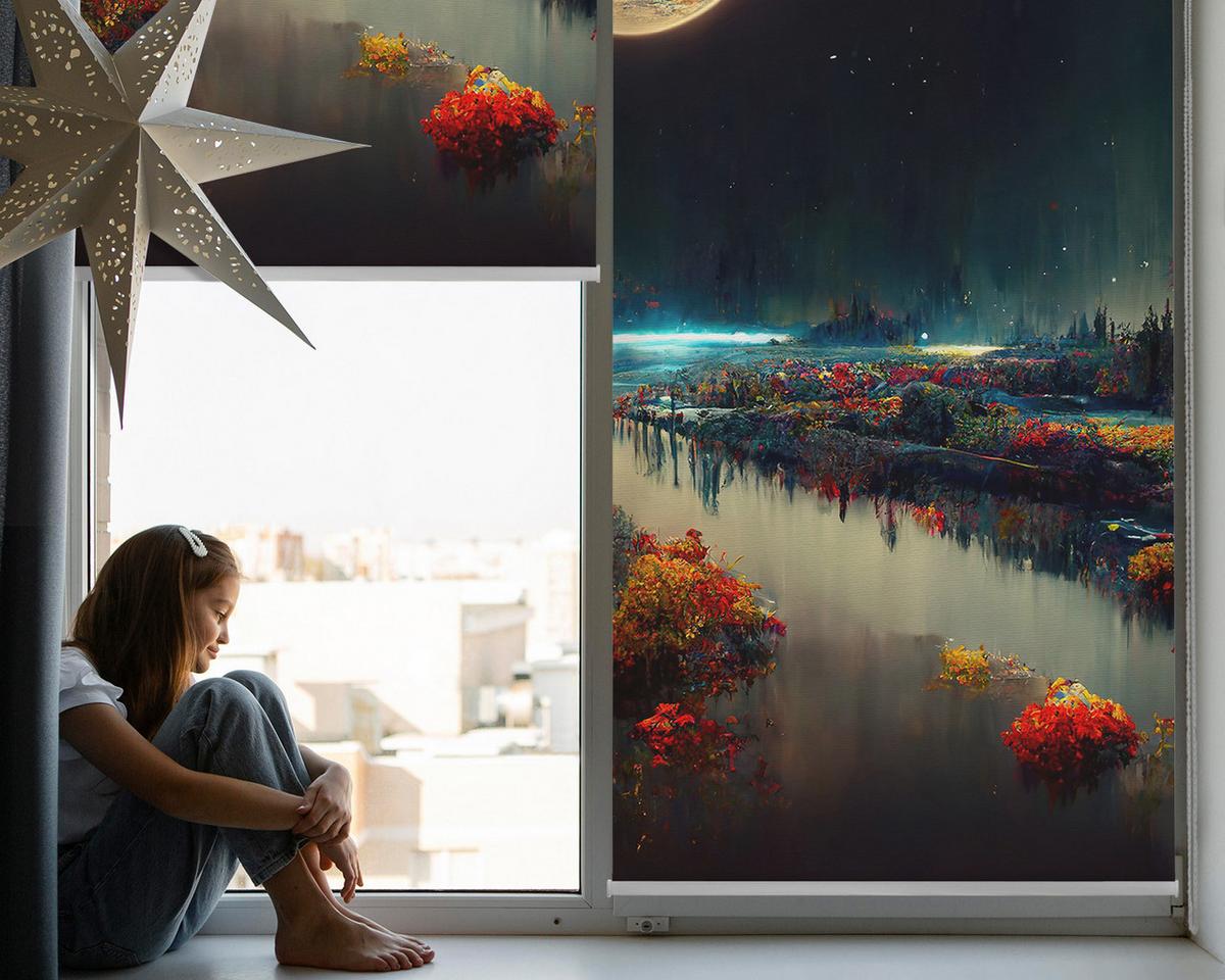 INNENROLLO - Fensterrollo - Rollo - 100x100 cm - Fluss im Mondlicht - Dunkelblau, Kunststoff (100/100/0.5cm) - TULUP