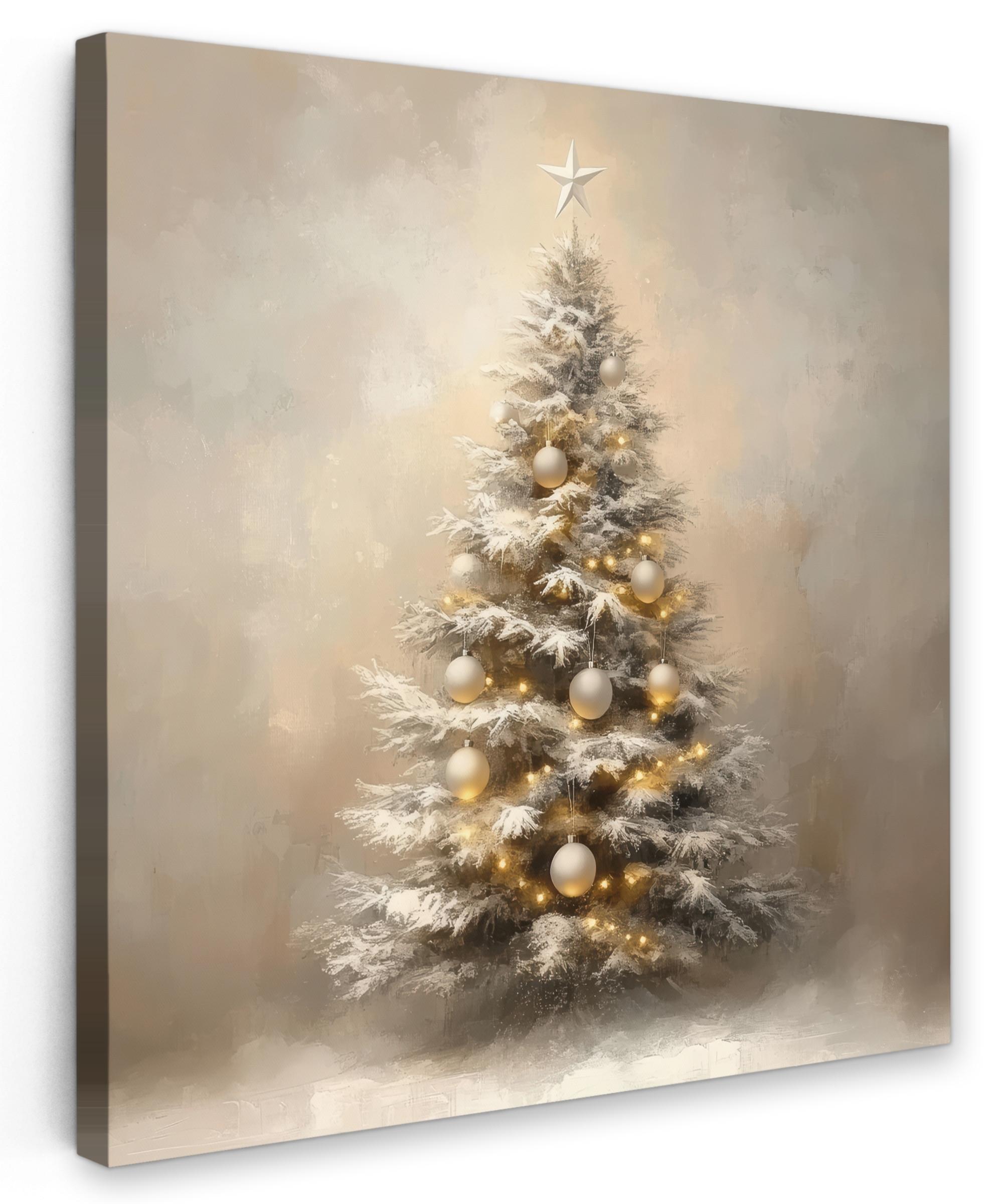 LEINWANDBILD Weihnachten - Weihnachtsbaum - Schnee - Kunst Deko Groß 90x90 cm - Champagner, Textil (90/90cm) - MuchoWow