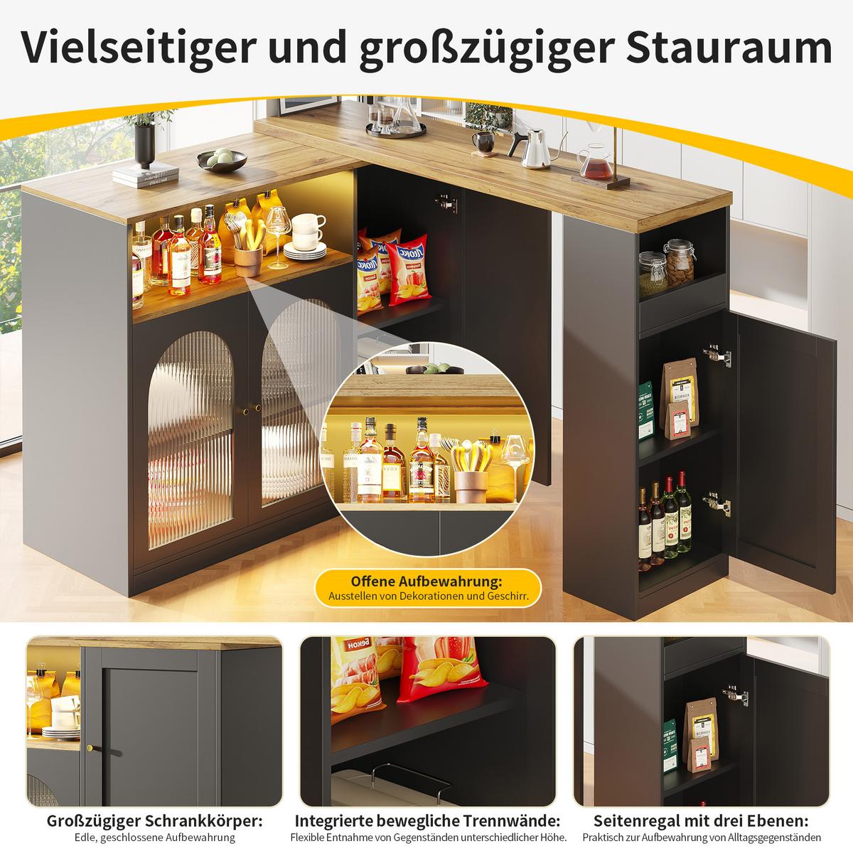 BARTISCH 360° Drehbar Schwarz & Holzoptik Barset mit LED, Glasschrank & Stauraum - Schwarz, Holzwerkstoff (39.6/197/100cm) - Urban Meuble