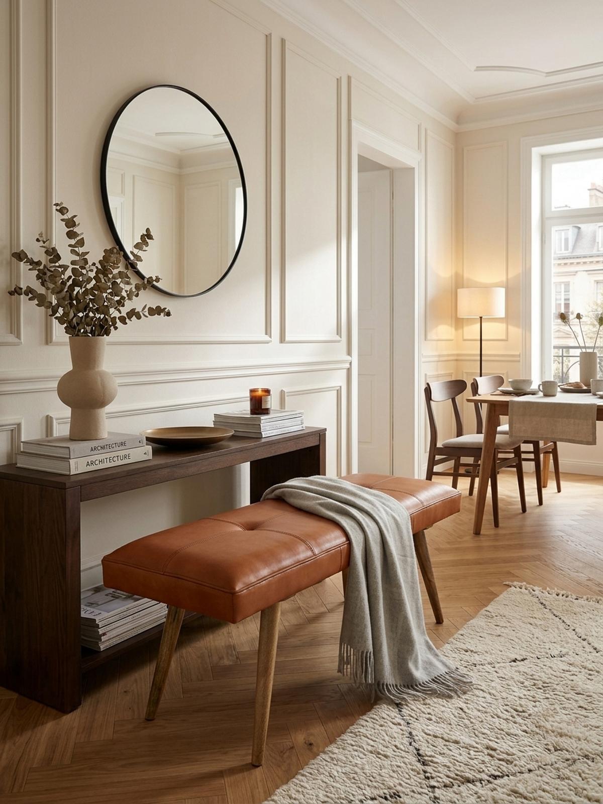 SITZBANK – Ziegenleder/Massivholz, Retro-Stil, 200 kg Belastbarkeit - Braun, Mangoholz/Leder (117/51/38cm) - KADIMA DESIGN