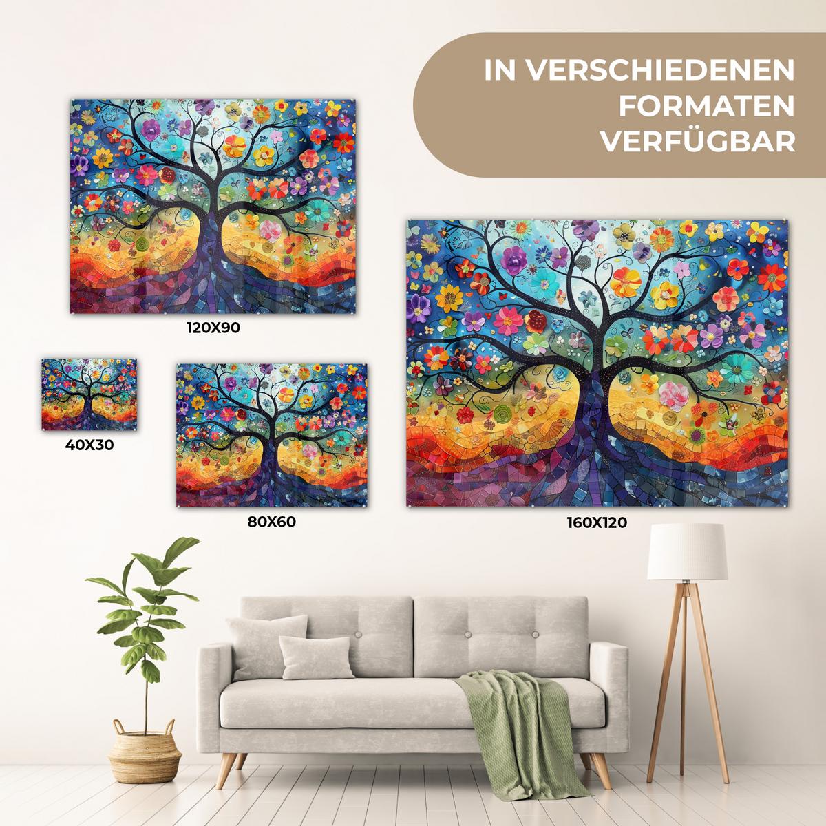 ACRYLGLASBILD Kunst - Baum des Lebens - Blumen - Hippie 80x60 cm - Dunkelblau, Glas (80/60cm) - MuchoWow