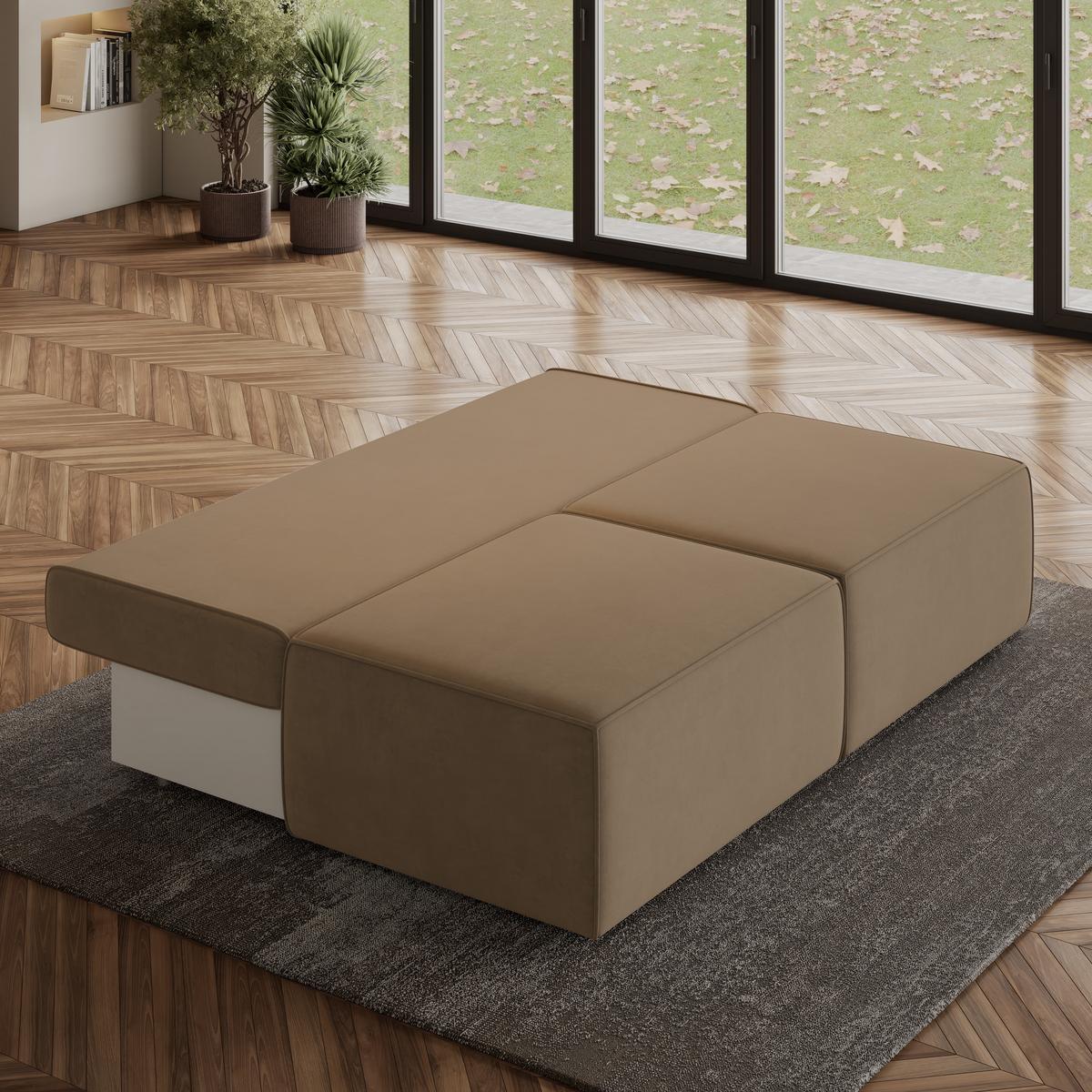 ECKSOFA VARNA M Beige Velours-Stoff mit Schlaffunktion - Beige/Grau, Holz/Kunststoff (196/158cm) - MASSENO