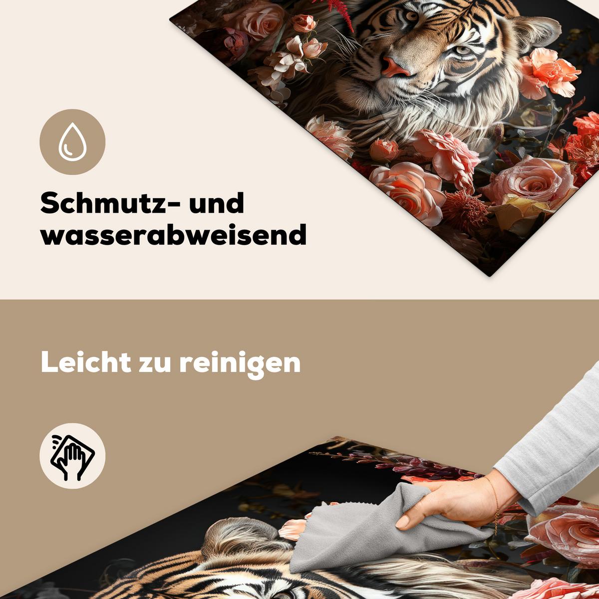HERDABDECKPLATTE Tiger - Tier - Natur - Floral - Botanisch Induktionsschutz 81.6x52.7 cm - Orange, Kunststoff (81.6/52.7/0.2cm) - MuchoWow