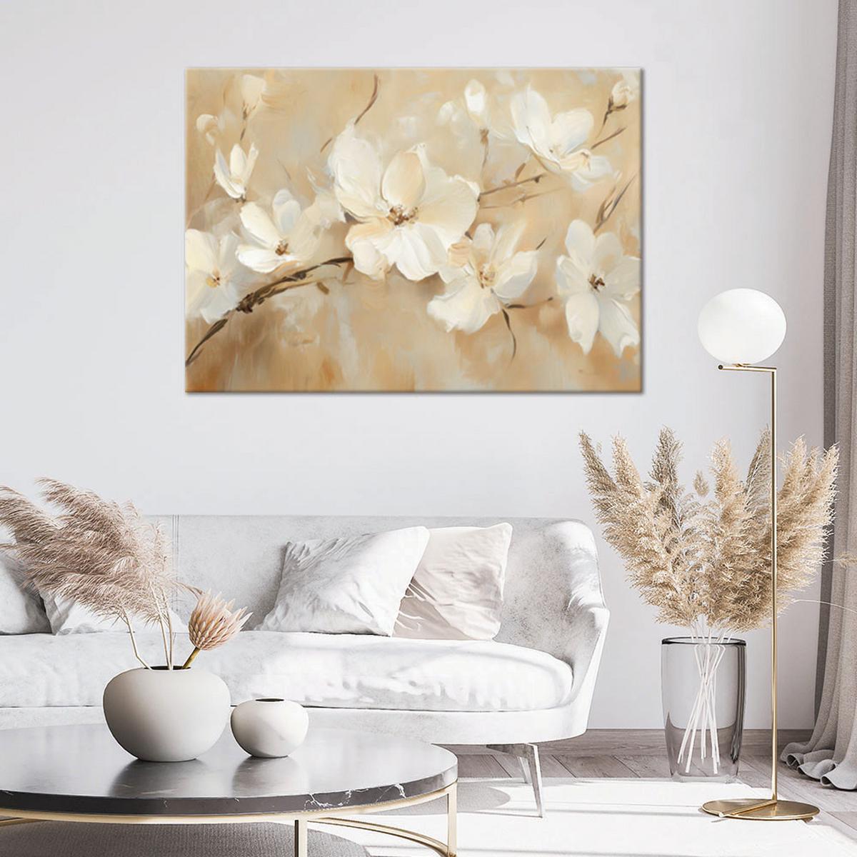 LEINWANDBILD Weiße Blumen auf beigem Hintergrund 90x60cm - Beige, Textil (90/60cm) - Feeby