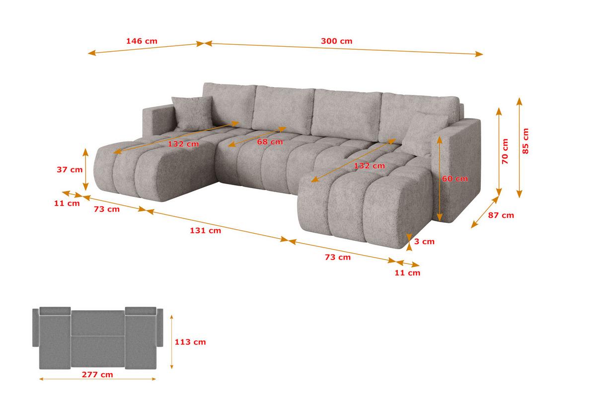WOHNLANDSCHAFT mit Schlaffunktion und Bettkasten GARD-U 300x146x85 Hellgrau Velours - Hellgrau/Schwarz, Holzwerkstoff/Kunststoff (300/85/146cm) - ALTDECOR