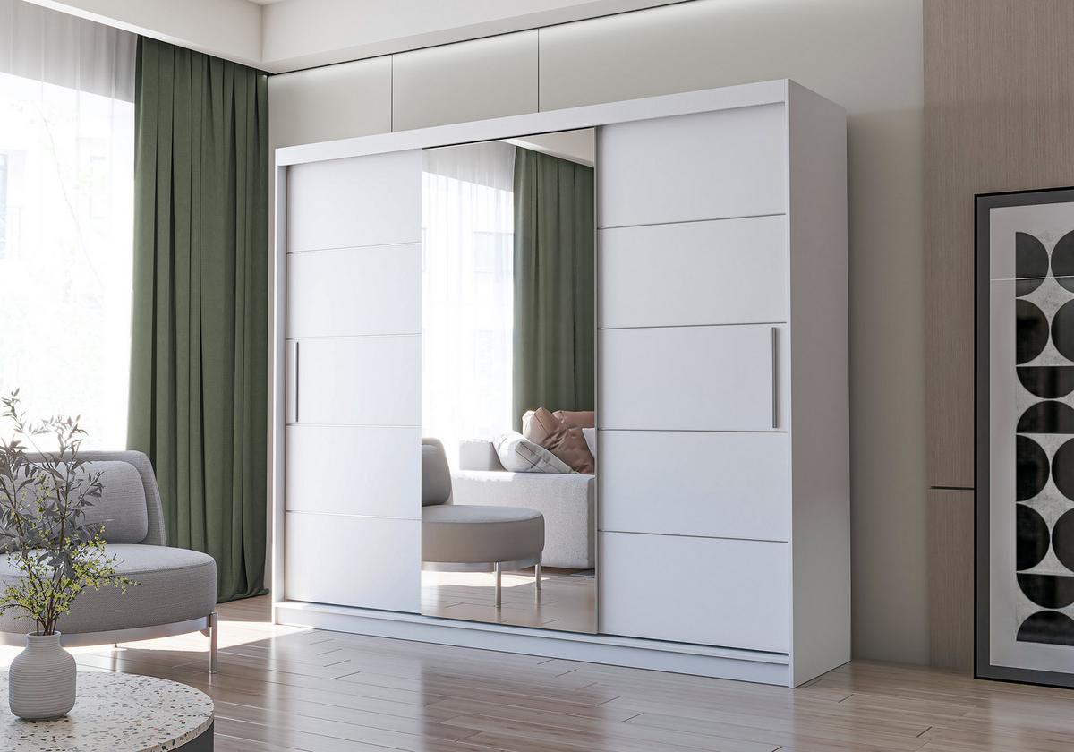 SCHWEBETÜRENSCHRANK Alba Weiß/Weiß mit Spiegel, ohne LED Beleuchtung 250 cm - Alufarben/Weiß, Glas/Holzwerkstoff (250/218/61cm) - imoebel24