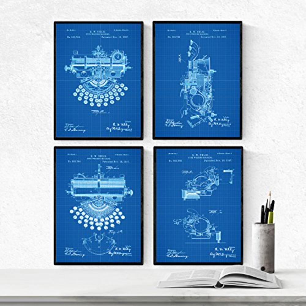 POSTER Set mit 4 Blau PATENTEN Schreibmaschinen A4 Schwarzer Rahmen - Schwarz, Papier (29.7/3cm) - Nacnic