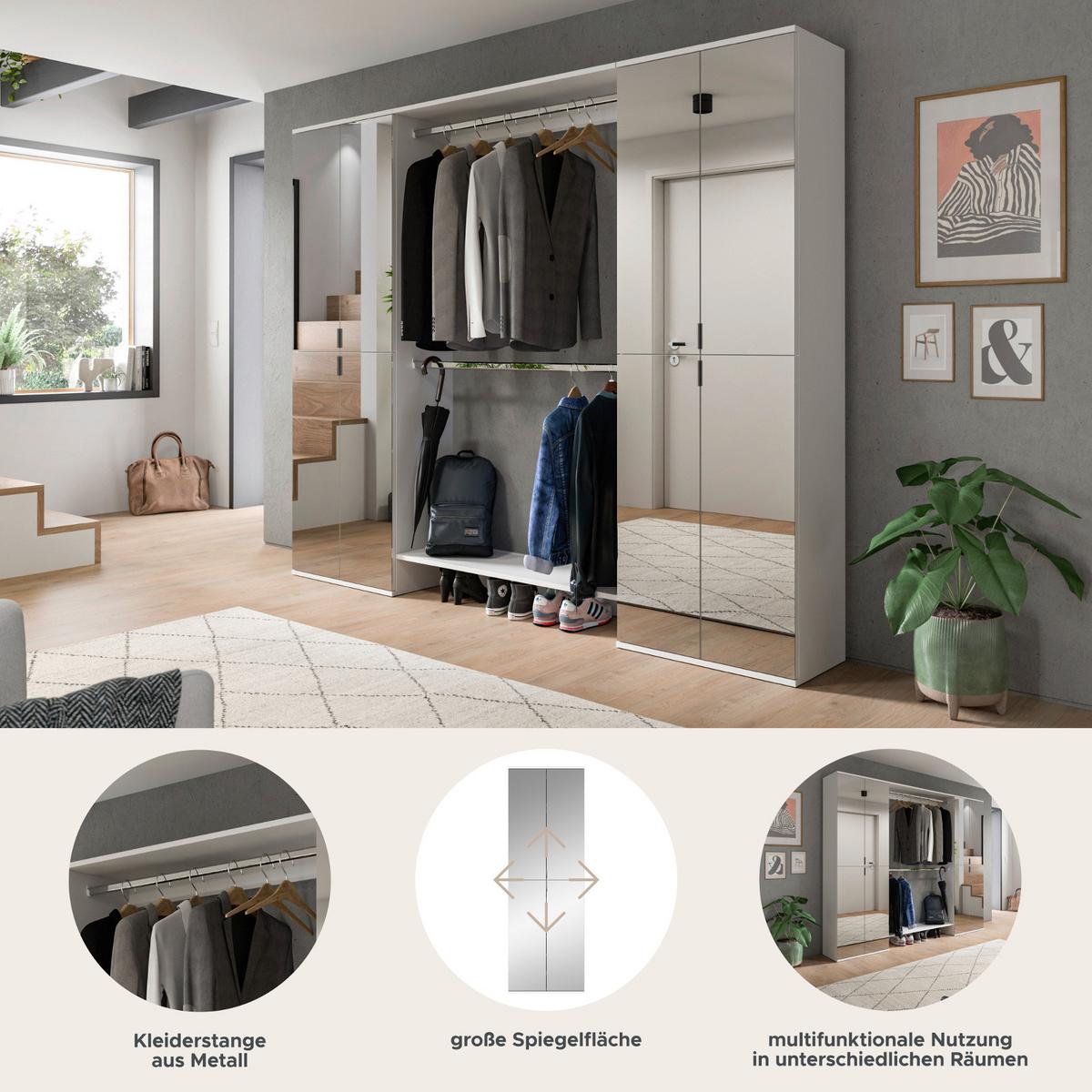 GARDEROBENSCHRANK weiß 232 cm, Flurgarderobe XXL mit Spiegeltüren - Chromfarben/Weiß, Holzwerkstoff/Kunststoff (232/193/34cm) - Inn.Furn