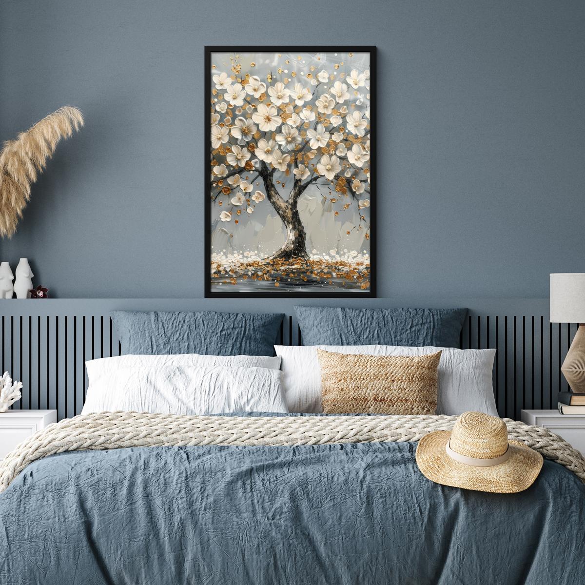 POSTER MIT RAHMENGERAHMTES BILD Baum - Blumen - Weiß - Natur - Kunst 60x90 cm - Weiß, Papier (60/90cm) - MuchoWow