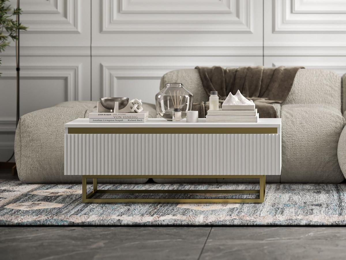 COUCHTISCH Selene Weiß matt 109 cm mit Metallrahmen - Goldfarben/Weiß, Holzwerkstoff/Metall (50/109/39cm) - Meble Lindner