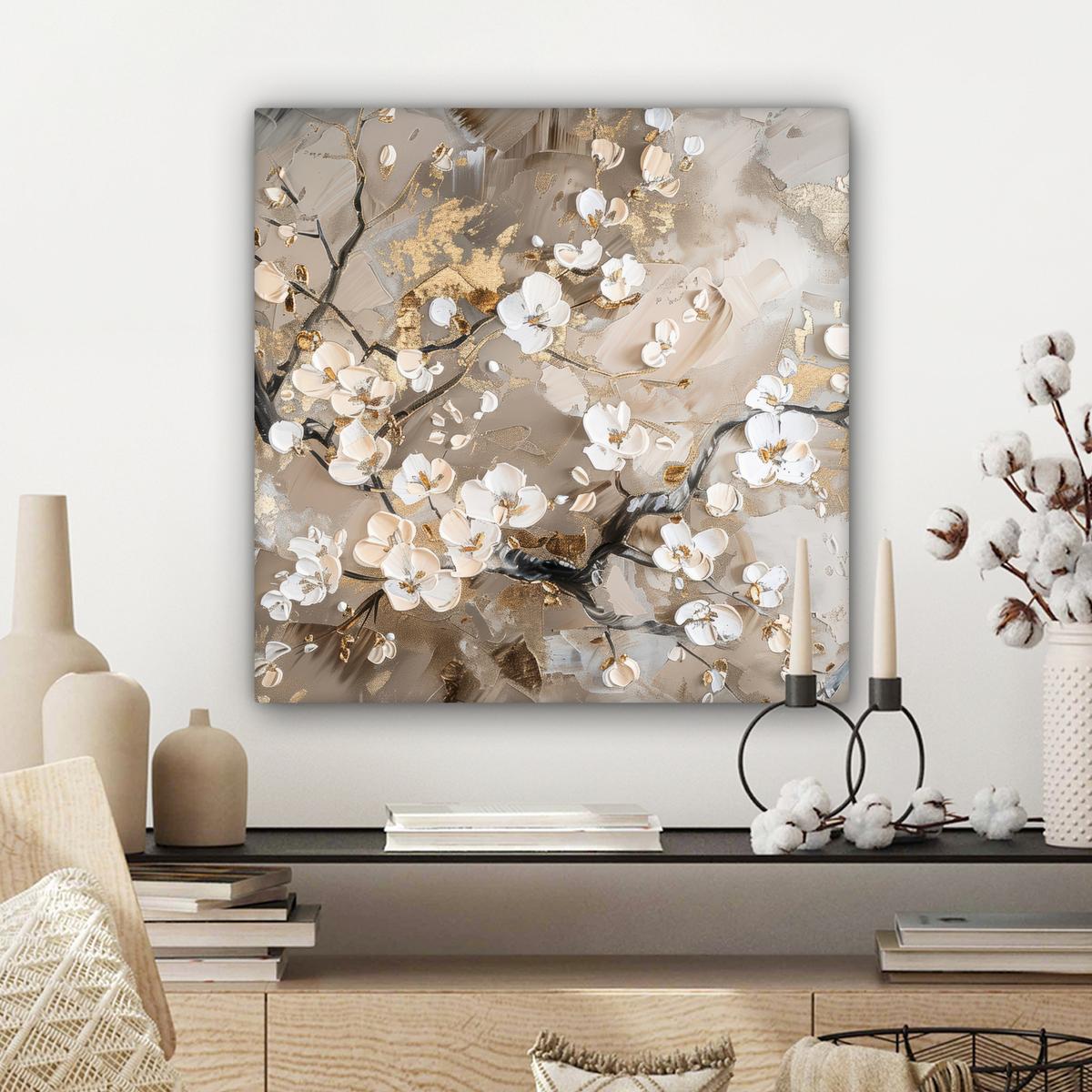 LEINWANDBILD Blumen - Weiß - Gold - Beige - Luxus Wandbild Wohnzimmer 50x50 cm - Greige, Textil (50/50cm) - MuchoWow