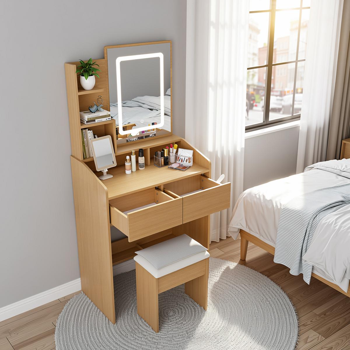 SCHMINKTISCH holzoptik 60 cm mit LED-Spiegel, Steckdose & Hocker - Naturfarben, Holzwerkstoff (60/130/36cm) - Urban Meuble