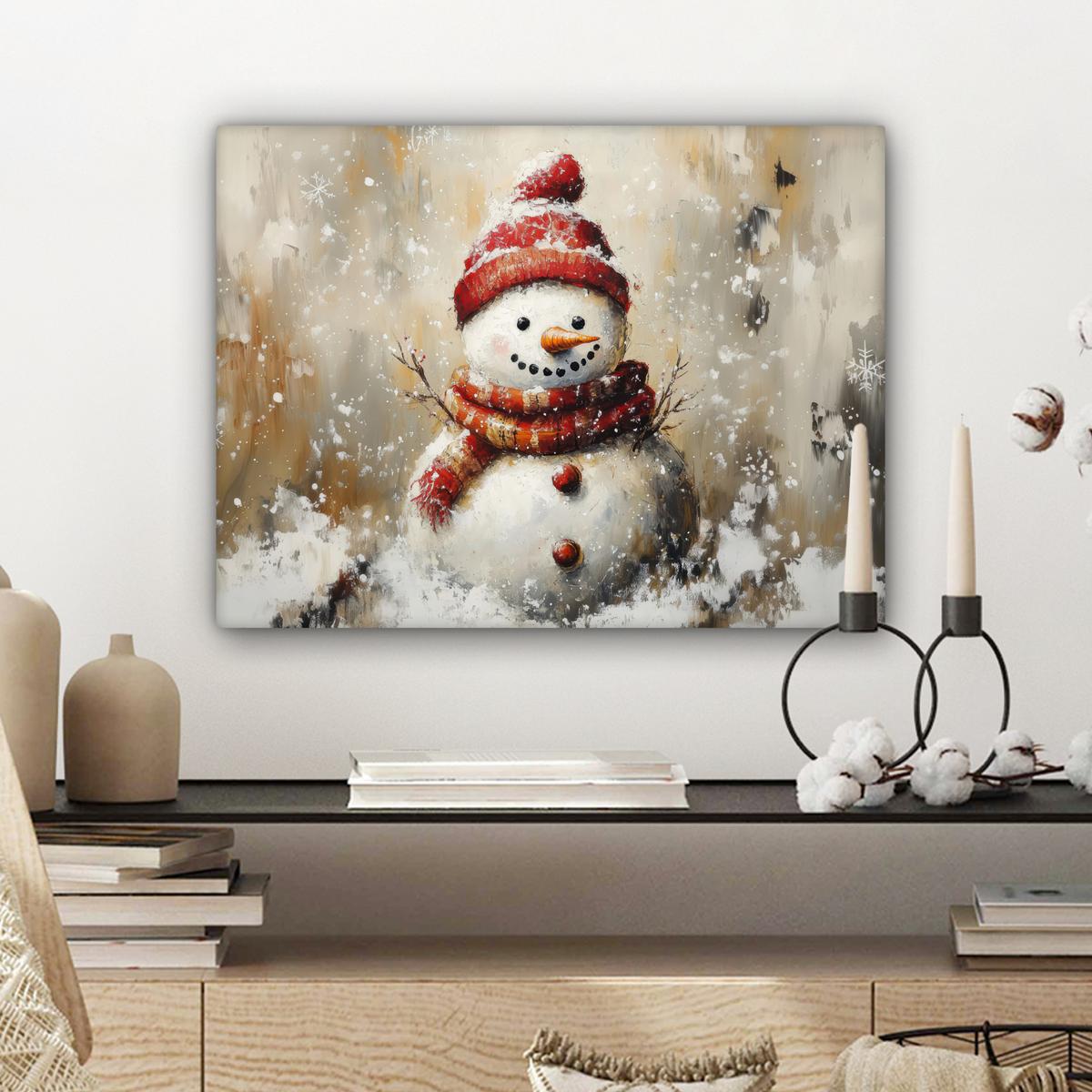 LEINWANDBILD Schneemann - Winter - Schnee - Beige Wandbild 40x30 cm - Weiß, Textil (40/30cm) - MuchoWow