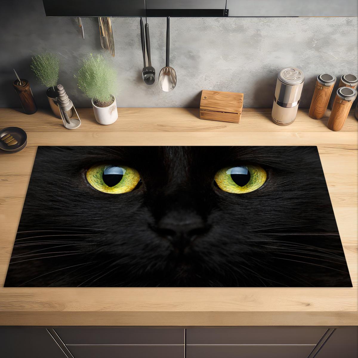 HERDABDECKPLATTE Katze - Augen - Gelb - Schwarz Induktionsschutz 91.2x52 cm - Schwarz, Kunststoff (91.2/52/0.2cm) - MuchoWow