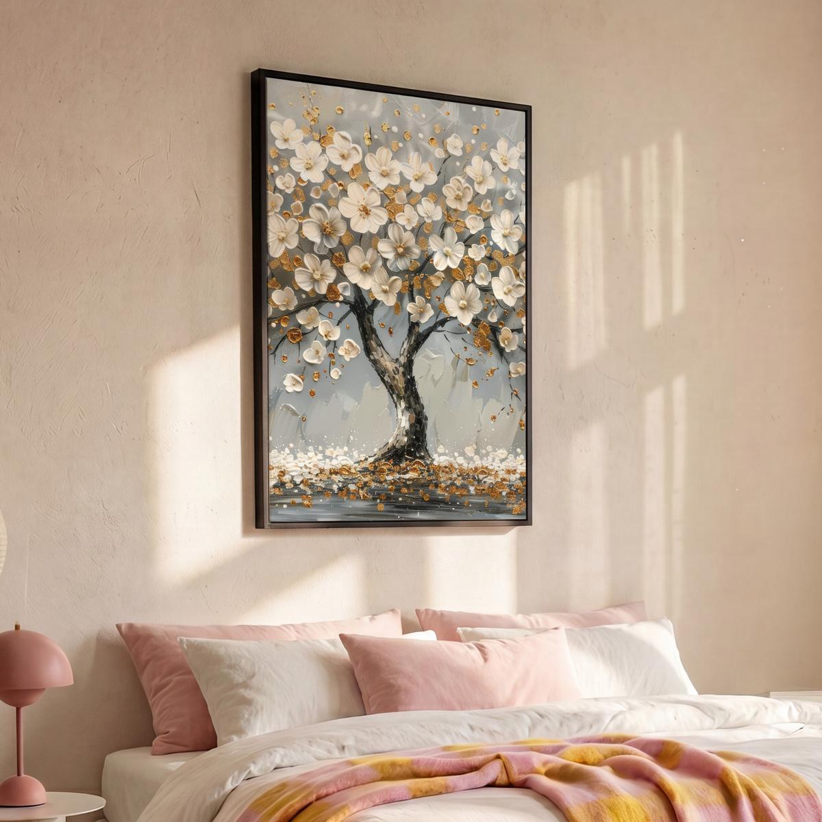LEINWAND Bilder mit Rahmen - Baum - Blumen - Weiß - Natur - Kunst - 100x150 - Weiß, Textil (100/150cm) - MuchoWow