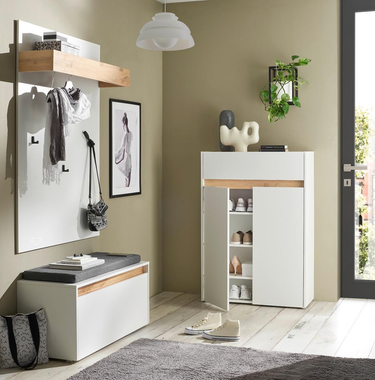 GARDEROBEN-SET weiß matt, Eiche Wotan 4-teilig 195 cm, Sitzbank inklusive Sitzkissen - Eiche Wotan/Schwarz, Holzwerkstoff/Kunststoff (195/200/40cm) - Furn.Design