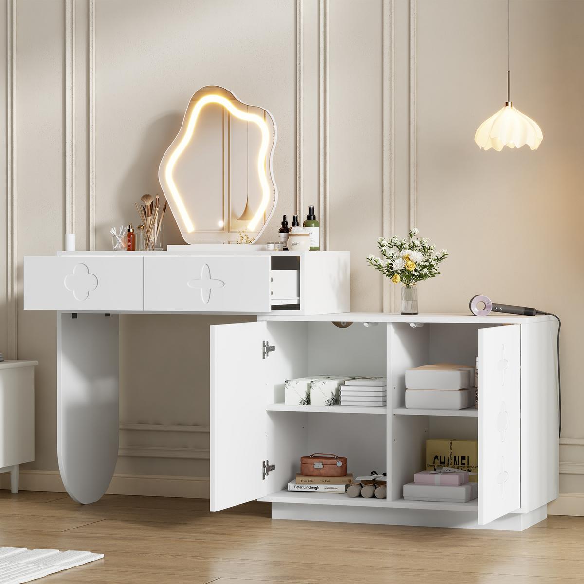 SCHMINKTISCH mit LED-Spiegel & flexiblem Seitenschrank - Weiß, Holzwerkstoff (160/132/40cm) - Urban Meuble