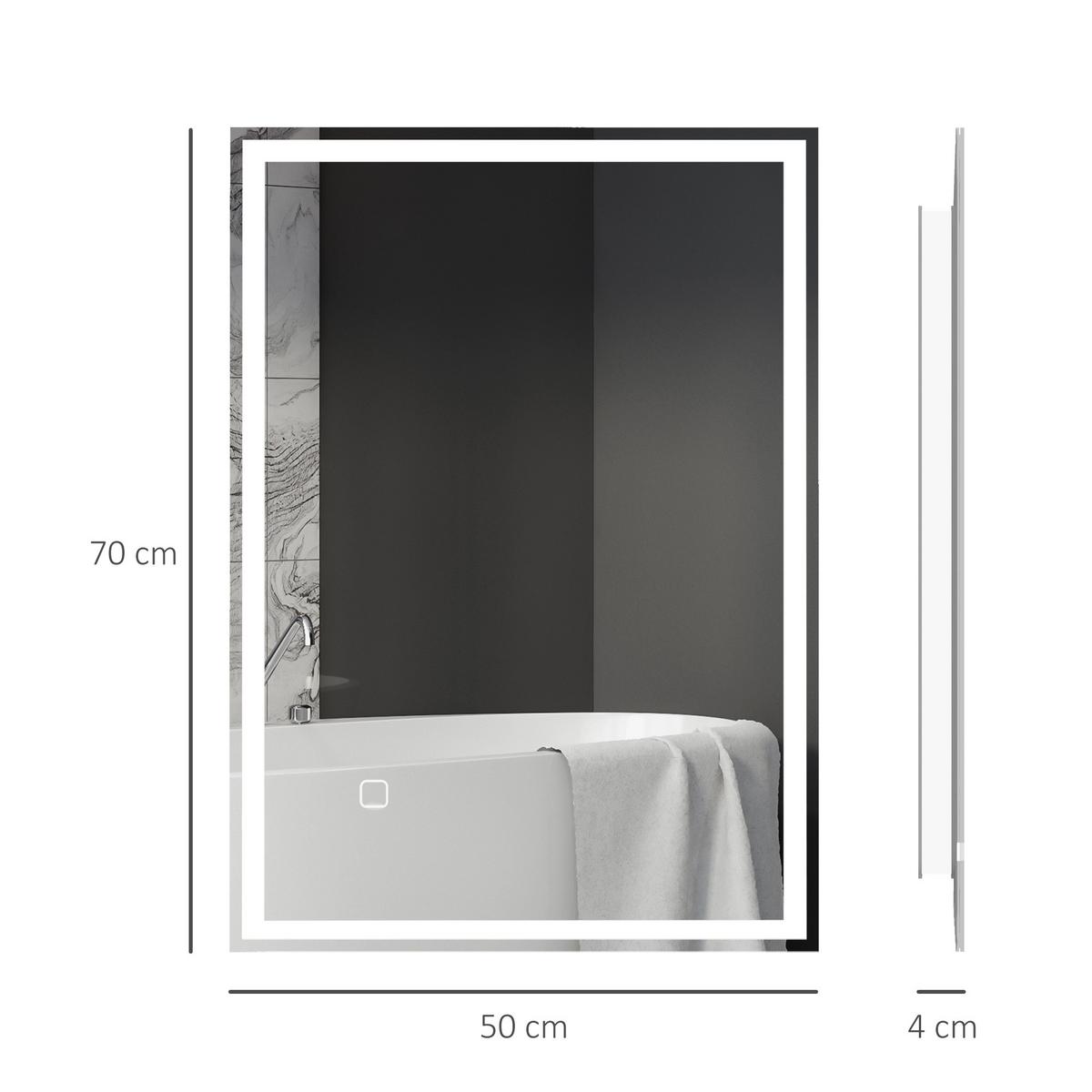 BADSPIEGEL, mit LED-Leuchte, 70 x 50 cm, beschlagfrei, mit Touchschalter, IP44 - Silberfarben, Glas (70/4/50cm) - HOMCOM