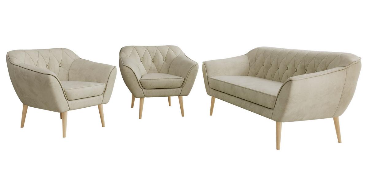 SITZGARNITUR PIRS 3+1+1 - Beige Velvet - Holzbeine - Beige/Buchefarben, Holzwerkstoff/Textil (180/75/74cm) - MKS