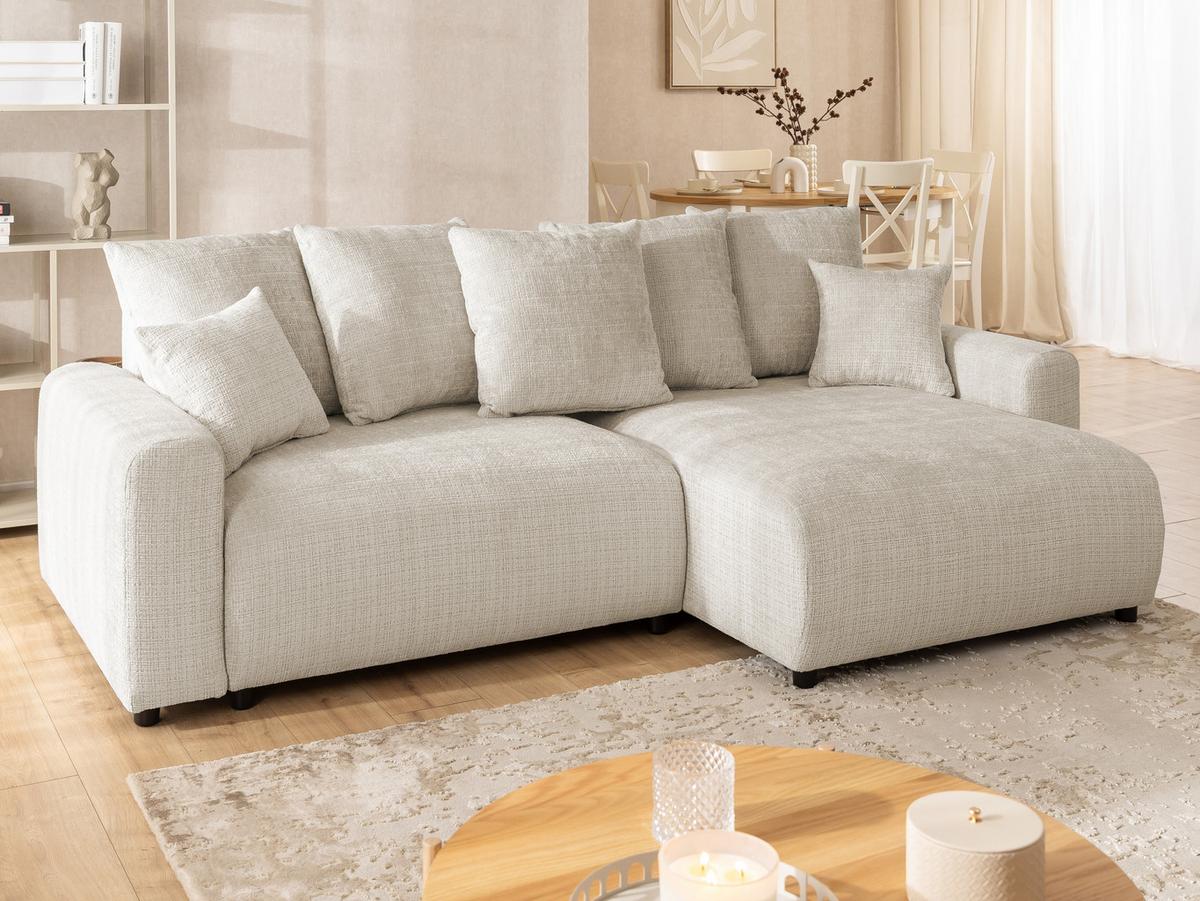 ECKSOFA Calma mit Schlaffunktion und Bettkasten im Bumpy-Design aus weichem Beige Chenille-Stoff - Ottomane rechts - Beige/Schwarz, Holz/Kunststoff (239/140cm) - S-Style Möbel