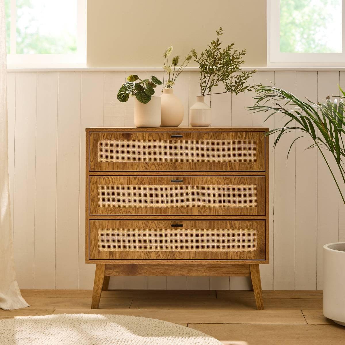 KOMMODE mit 3 Schubladen, Rattanfronten und Holzfüßen 80/39/79 cm - Eschefarben, Holzwerkstoff (80/79/45cm) - Calicosy