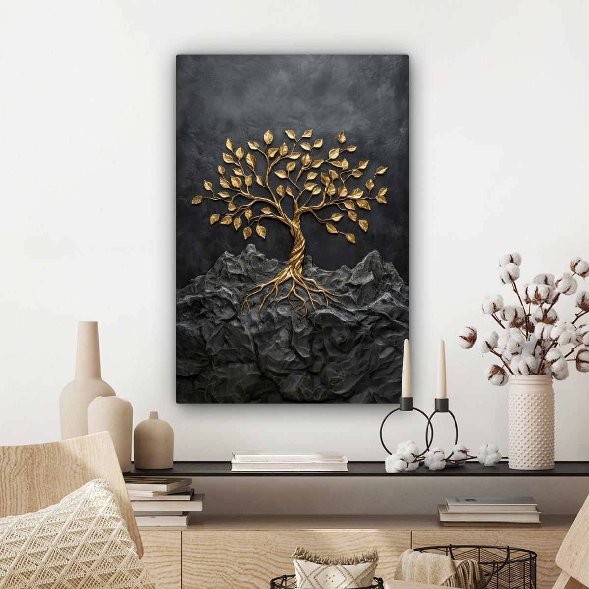 LEINWANDBILD Blätter - Gold - Baum - Fels Wanddeko Schlafzimmer 60x90 cm - Schwarz, Textil (60/90cm) - MuchoWow