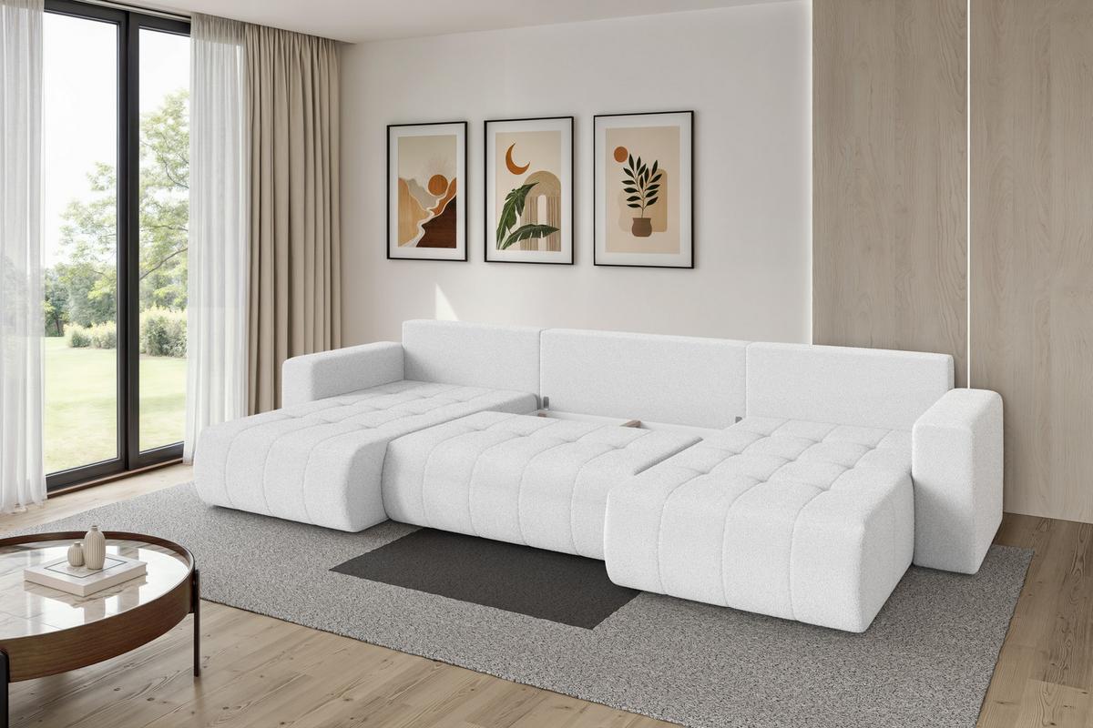WOHNLANDSCHAFT mit Schlaffunktion und Bettkasten MILA-U 378x194x86 Weiß Bouclé - Schwarz/Weiß, Holzwerkstoff/Kunststoff (378/86/194cm) - ALTDECOR