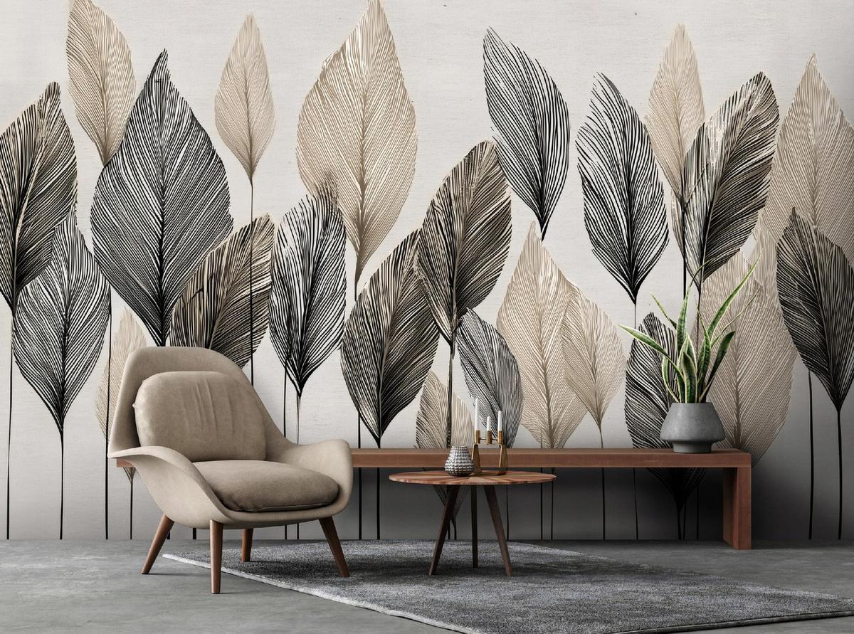 FOTOTAPETE Blätter Boho Beige Betonwand Wohnzimmer 250x175 - Multicolor, Papier (250/175cm) - Wallarena