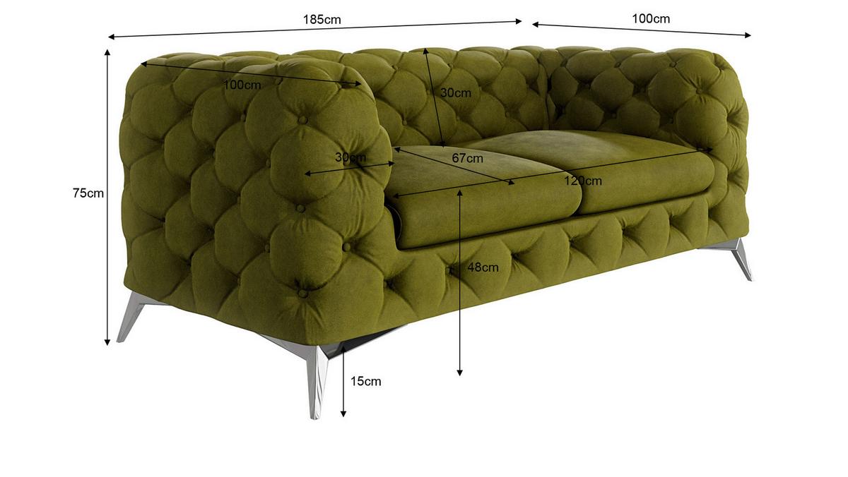 CHESTERFIELD-SOFA 2-Sitzer Laura Olive Samt - Silberfarben/Olivgrün, Holz/Textil (185/75/100cm) - S-Style