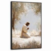 LEINWAND Bilder mit Rahmen - Jesus - Kniend - Waldlandschaft - Betend - 60x90 - Beige, Textil (60/90cm) - MuchoWow