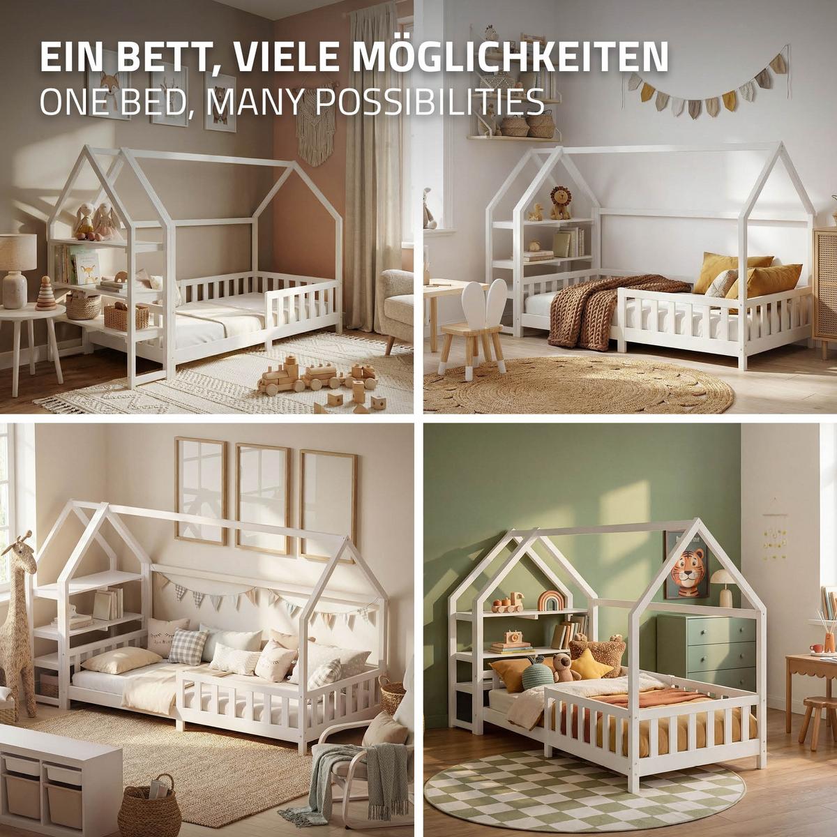 KINDERBETT 90x200 cm mit Rausfallschutz & Regal Weiß aus Kiefernholz - Weiß, Holz (90/200cm) - ML-DESIGN