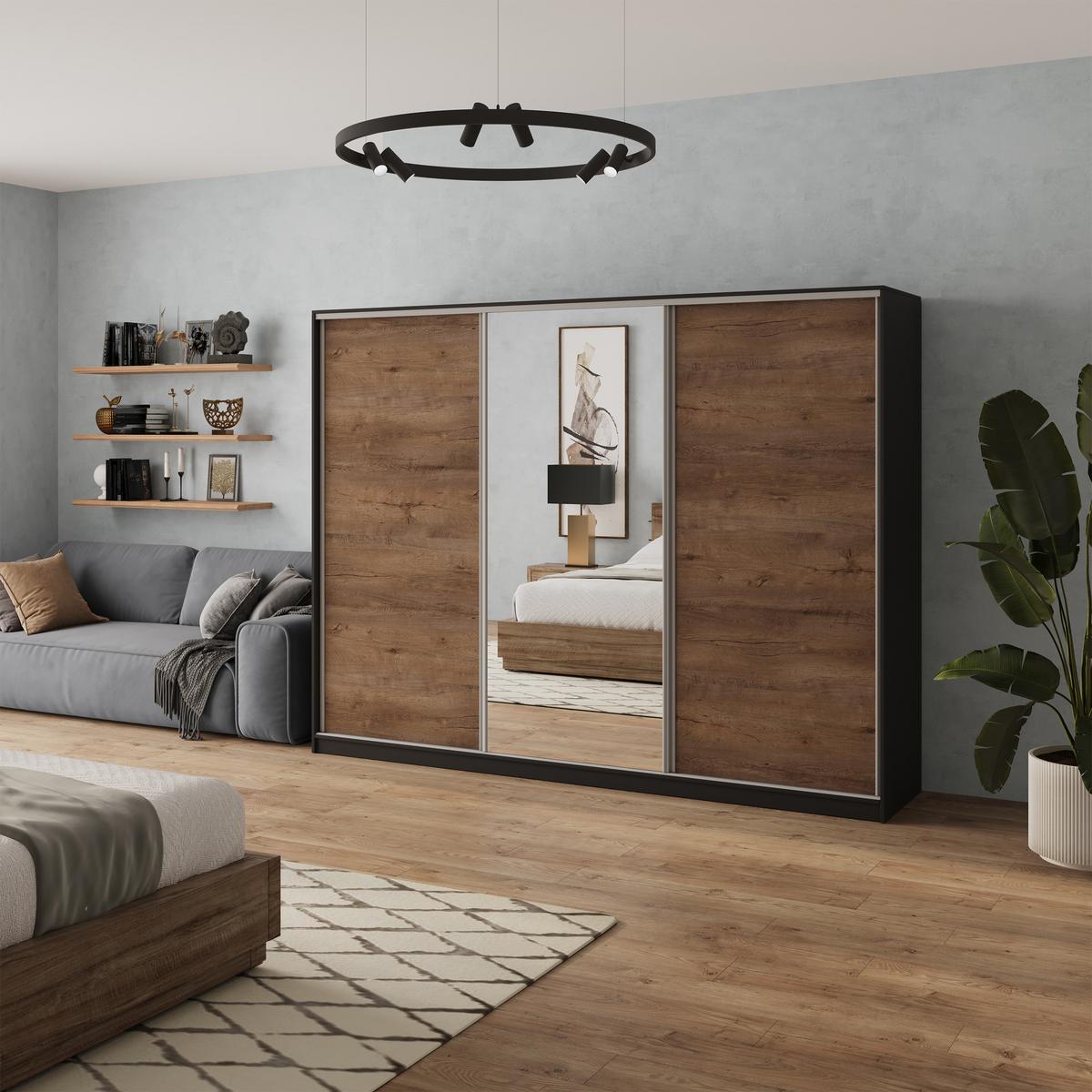 SCHWEBETÜRENSCHRANK SORE 270/205/58 cm 3-türig mit Spiegel und 4 Schubladen Schwarz - Eichefarben/Schwarz, Holzwerkstoff (270/205/58cm) - MASSENO