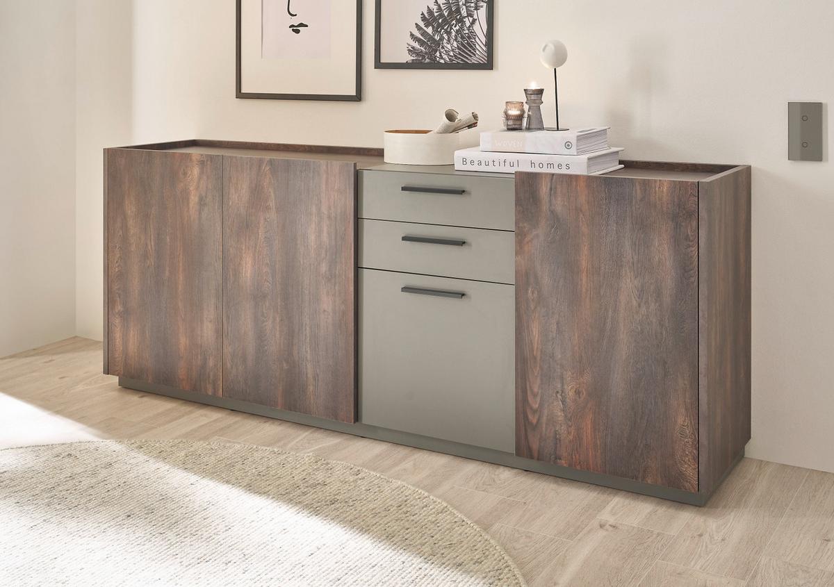 ESSZIMMER-SET Thermo Eiche, grau, Speisezimmer 4-teilig mit Soft-Close - Eichefarben/Schwarz, Glas/Holzwerkstoff (200/200/81cm) - Furn.Design