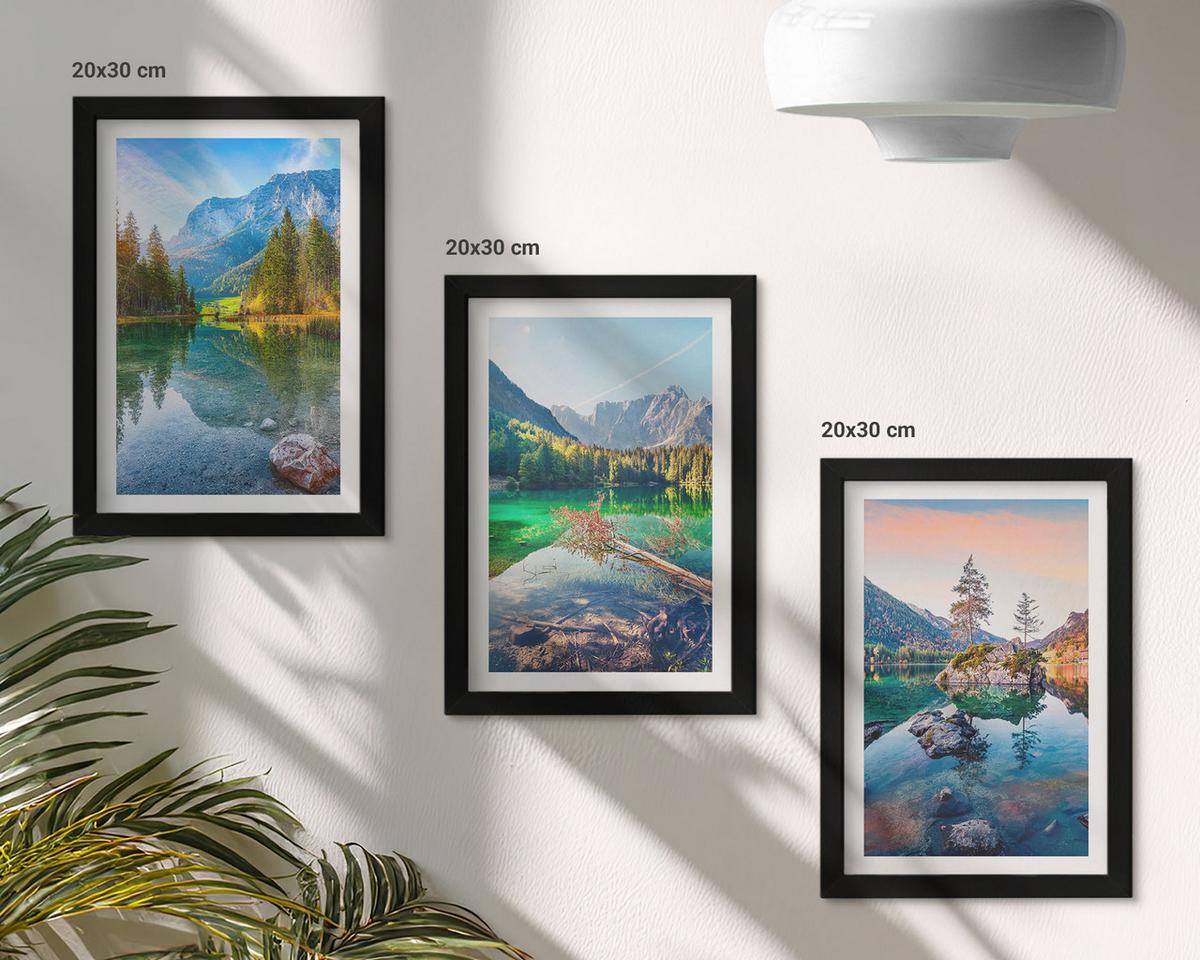 BILDER SET 3er Set - 20x30 cm Schwarzer Rahmen - Naturlandschaft der Bergseen - Schwarz, Kunststoff (20/30cm) - TULUP