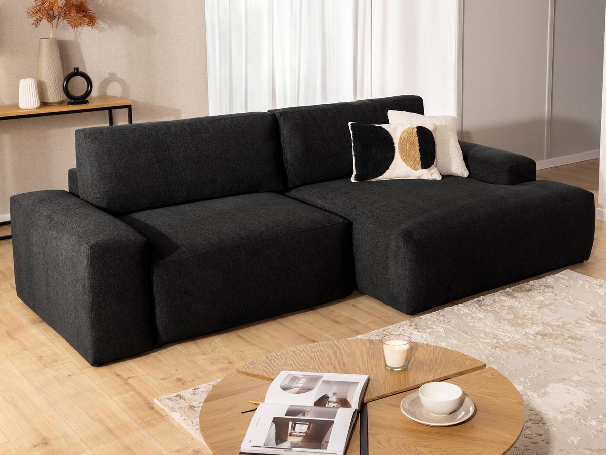 ECKSOFA inkl. Hocker Lennon aus Schwarz Strukturstoff mit Schlaffunktion und Bettkasten - Schwarz, Holz/Kunststoff (264/137cm) - S-Style