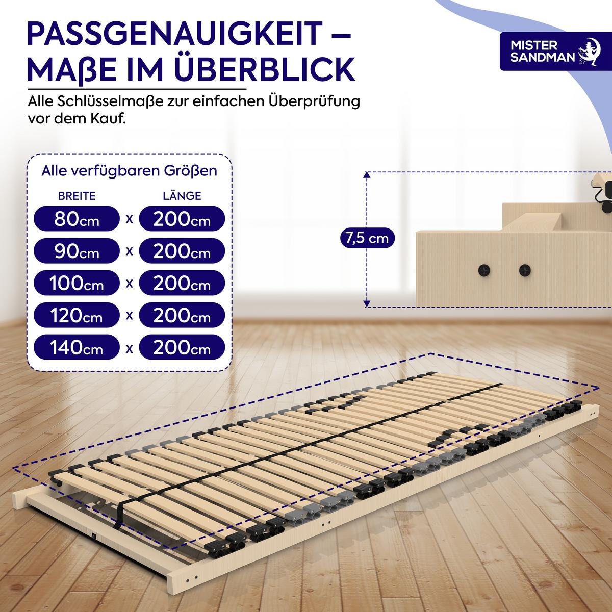 LATTENROST 7-Zonen ErgoFlex 140x200 cm – Lattenrost mit verstellbarem Kopfteil und einstellbarer Härte - Eschefarben/Buchefarben, Holz (140/200cm) - Mister Sandman